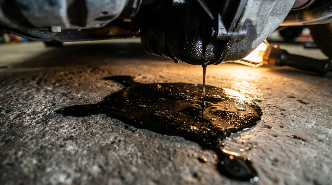 Tache d'huile au sol indiquant une fuite après un choc sous la voiture.