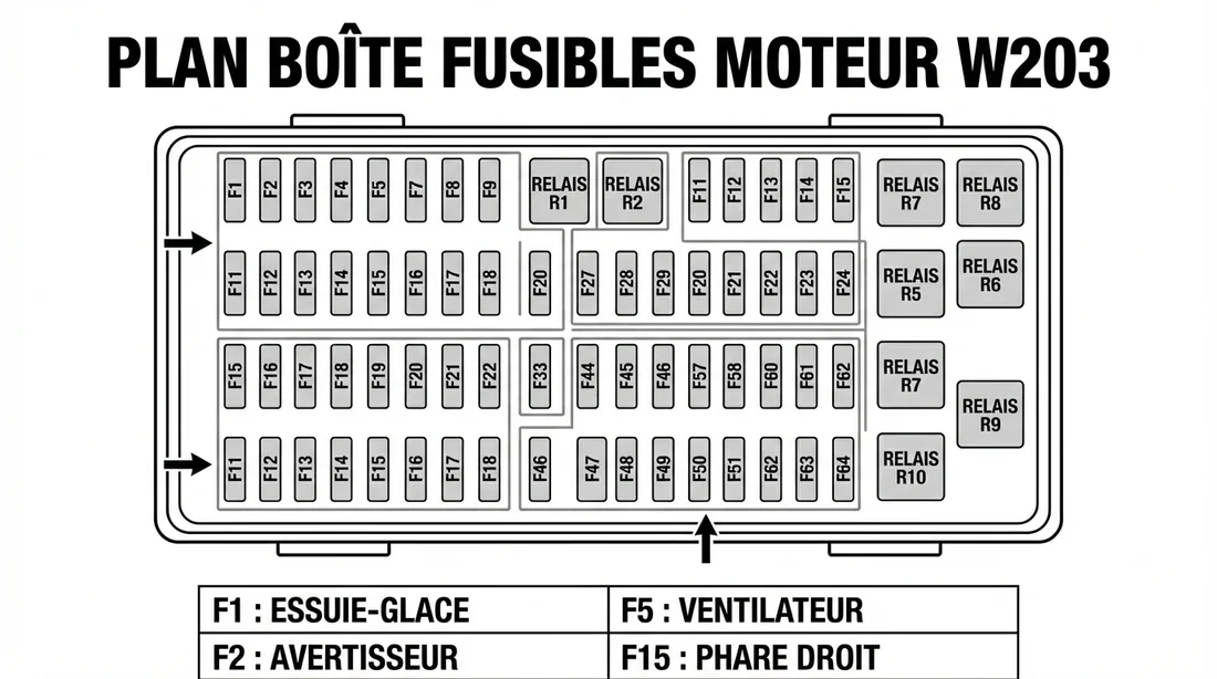 Schéma et plan des fusibles du compartiment moteur Mercedes W203