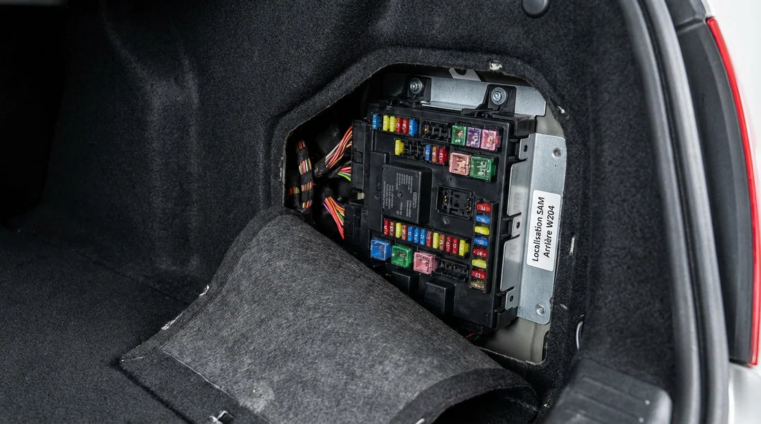 Vue du module SAM arrière et fusibles dans le coffre d'une Mercedes W204