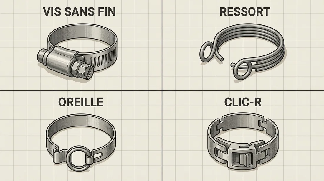 Infographie présentant les quatre types de colliers de serrage : vis sans fin, ressort, oreille et Clic-R.