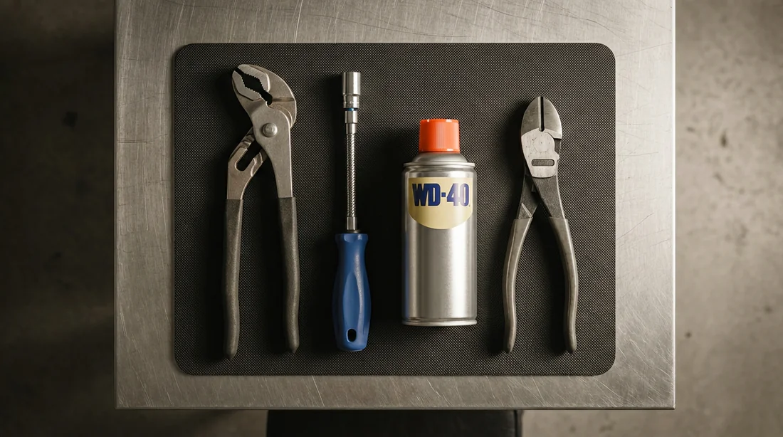 Vue de dessus des outils nécessaires : pince multiprise, tournevis, WD-40 et pince coupante.