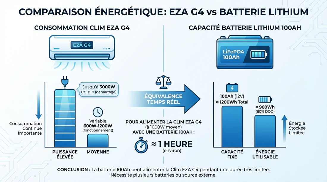 Infographie de la consommation électrique du EZA G4 par rapport à une batterie lithium 100Ah.