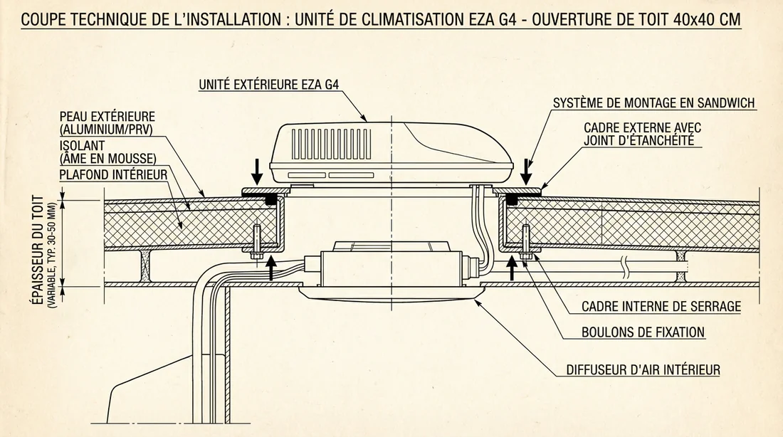 Schéma technique d'installation du climatiseur EZA G4 dans une ouverture de toit 40x40.