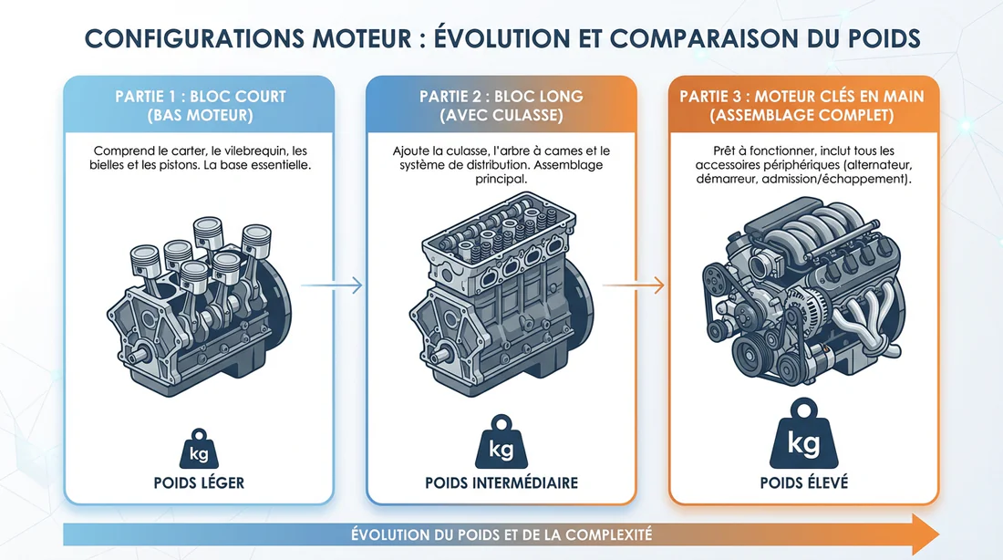 Schéma comparatif entre moteur nu, moteur complet et moteur prêt à l'emploi avec indicateurs de poids.