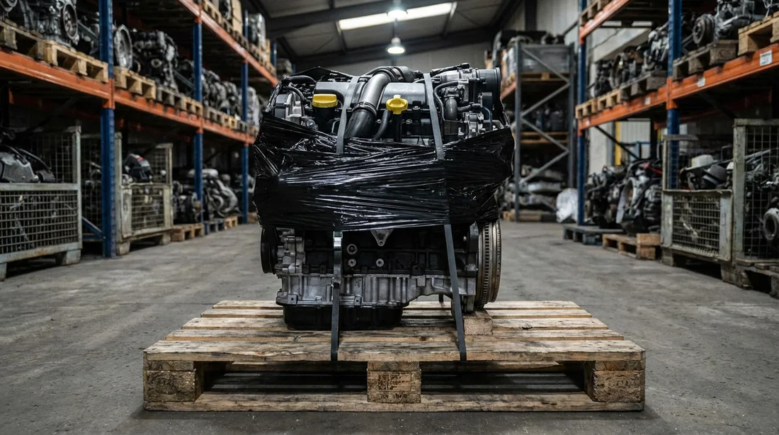 Un moteur 1.5 dCi posé sur une palette en bois et filmé pour le transport.