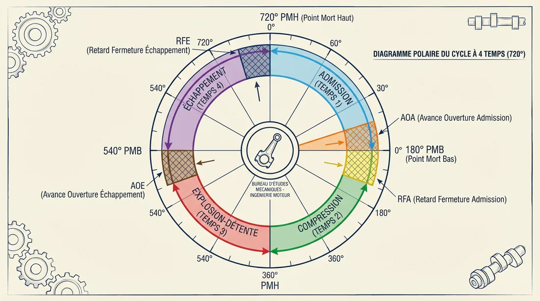 Diagramme circulaire polaire de l'épure de distribution avec AOA, RFA, AOE et RFE