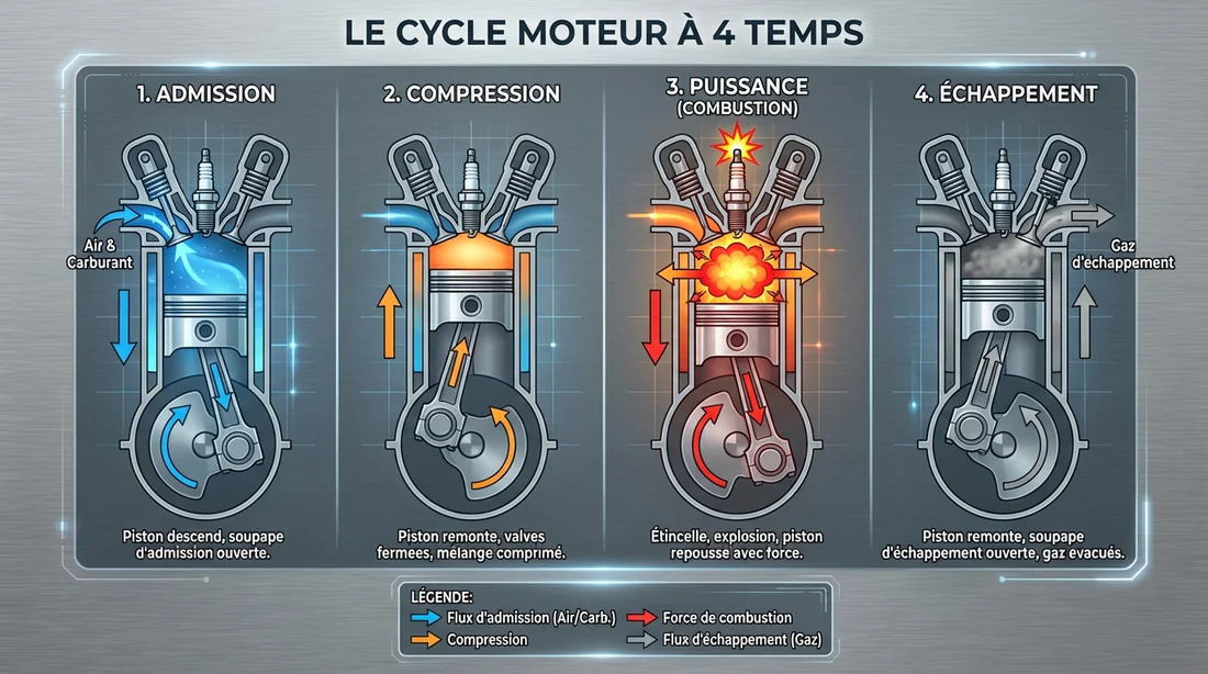 Schéma des 4 phases du cycle moteur : admission, compression, explosion et échappement