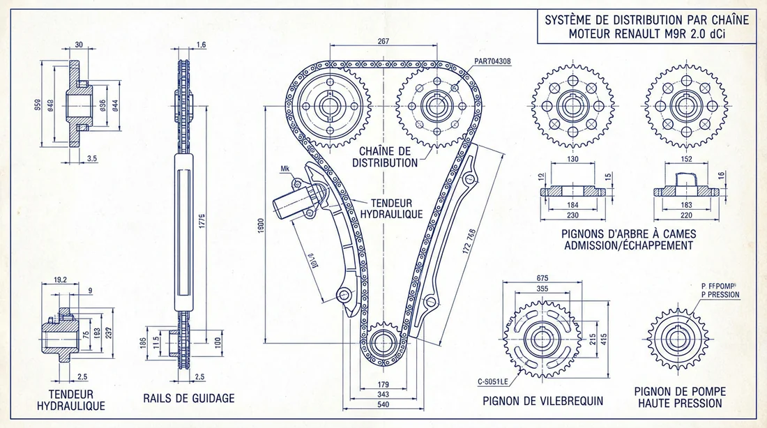 Schéma de la distribution à chaîne pour moteur M9R Renault Trafic