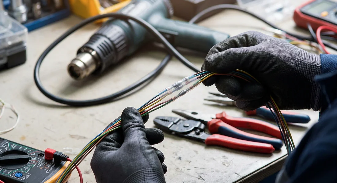 Réparation des fils électriques avec des connecteurs thermosoudables.