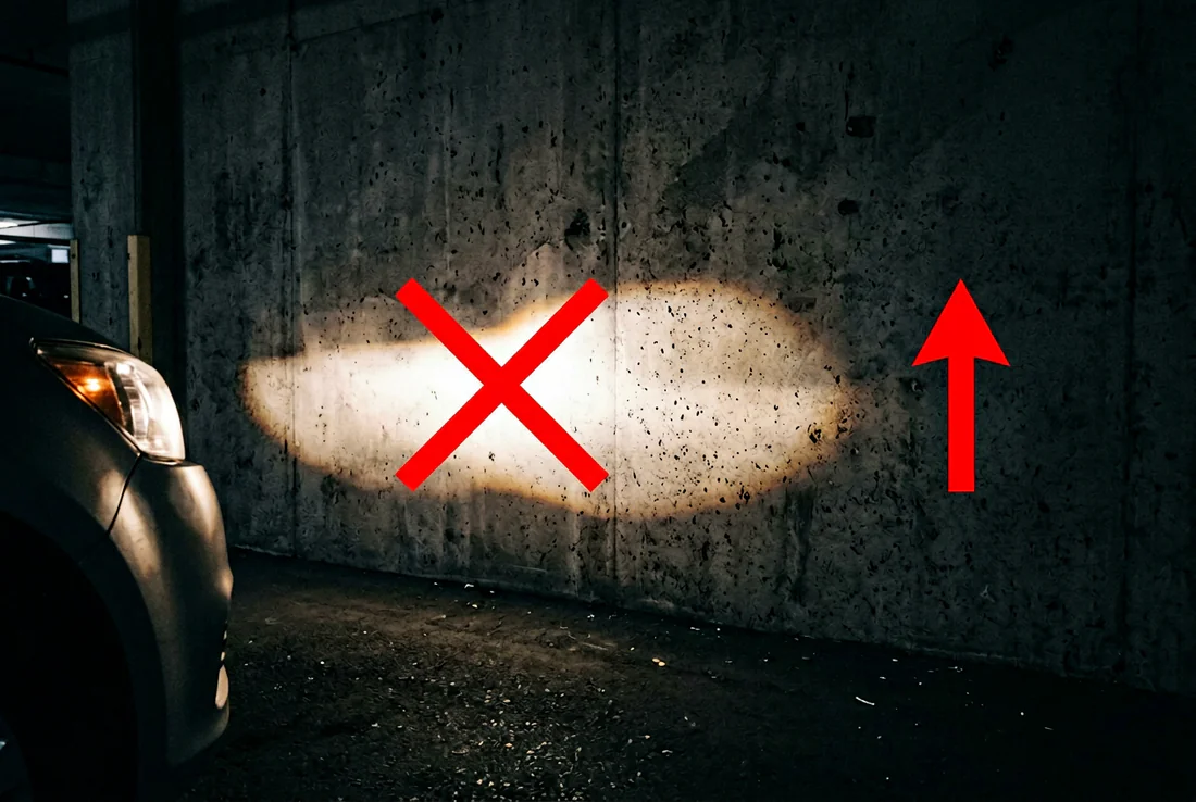 Schéma technique des mesures pour le réglage des phares face à un mur.