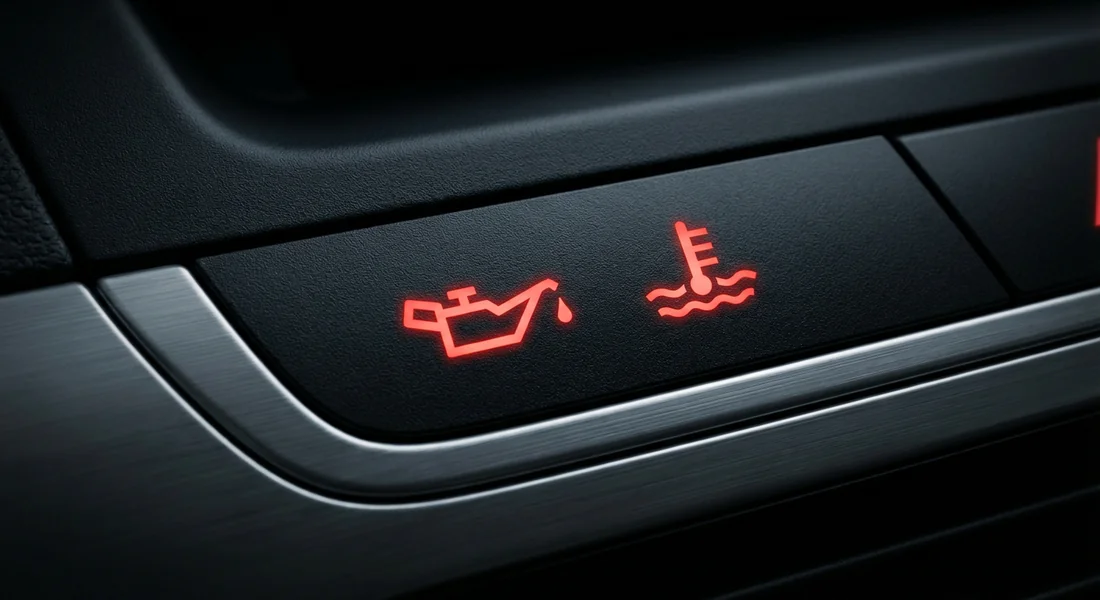 Voyant rouge de pression d'huile et de température moteur allumés sur le tableau de bord.