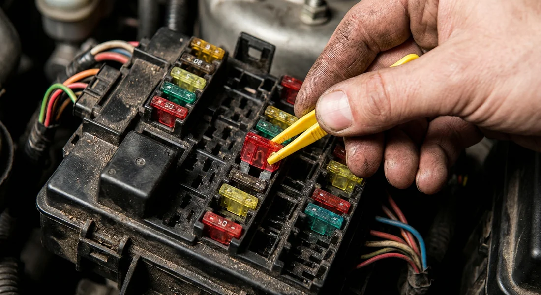 Extraction d'un fusible grillé avec une pince spéciale.