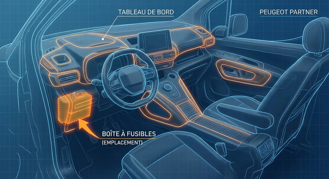 Schéma technique indiquant l'emplacement de la boîte à fusibles sous le volant.