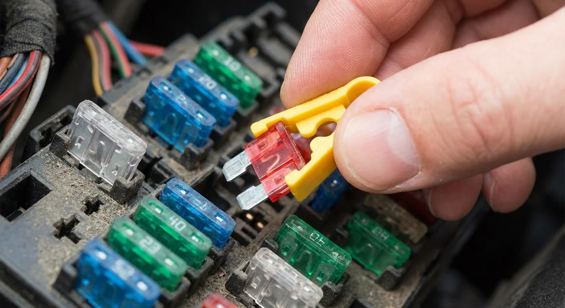 Action de retirer un fusible avec une pince sur Peugeot 206.