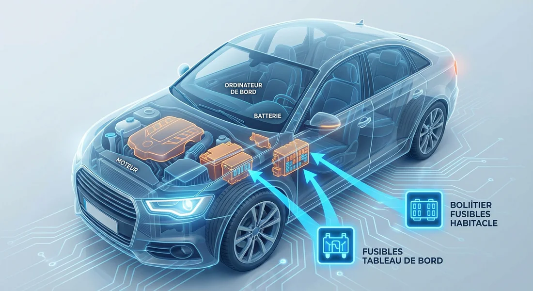 Infographie montrant les emplacements des fusibles dans l'habitacle et le moteur d'une 206.