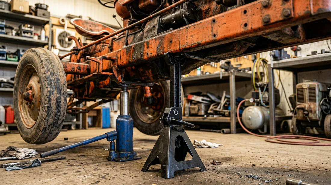 Mise en sécurité d'un tracteur sur chandelles dans un atelier.
