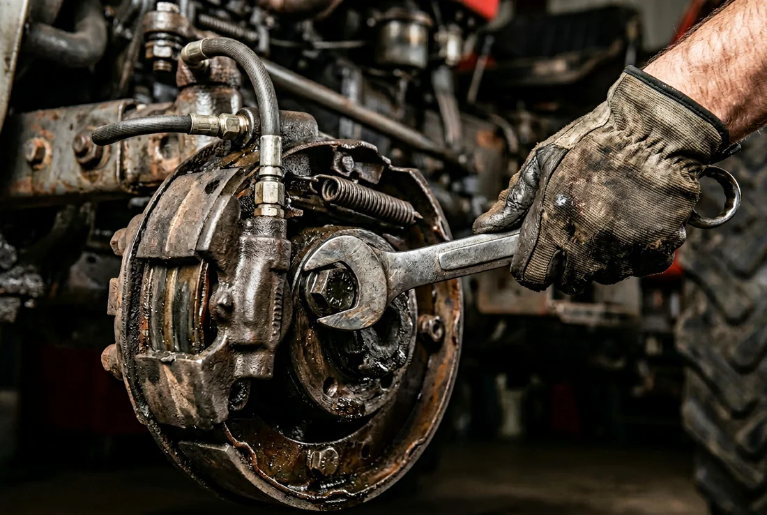 Schéma technique du système de freinage à tambour d'un tracteur.