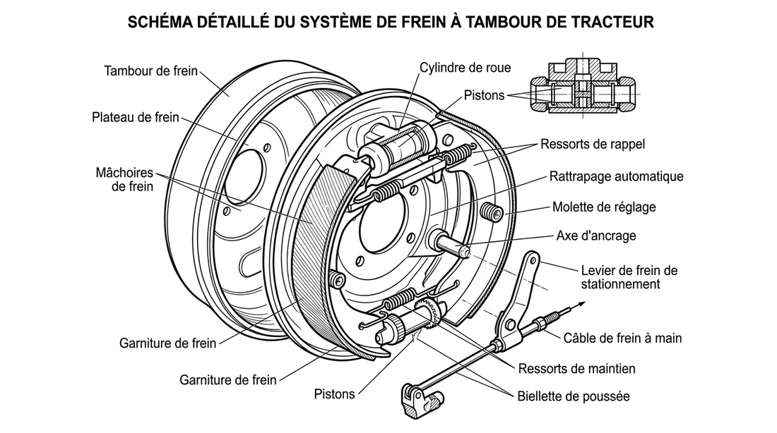 Vue détaillée de l'usure des garnitures de freins d'un tracteur.