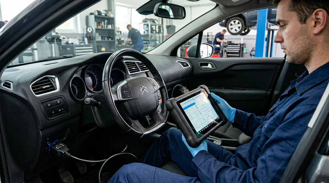 Diagnostic électronique d'une Citroën C4 dans un garage