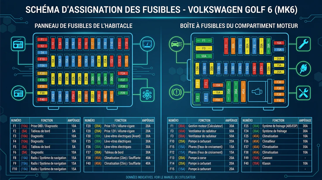 Vue rapprochée des fusibles dans l'habitacle d'une Golf 6.