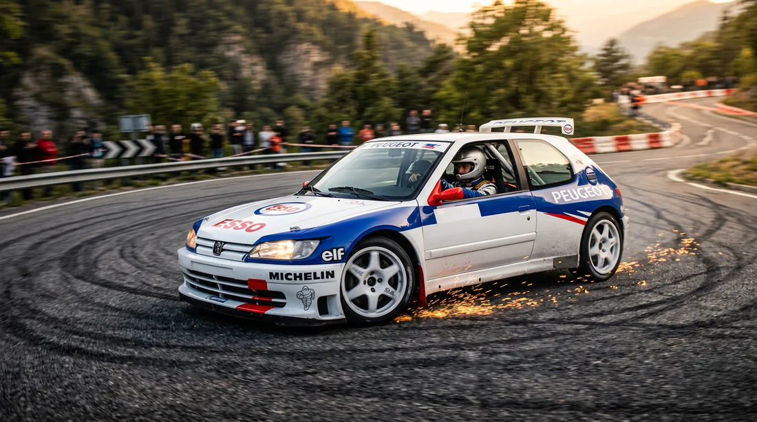 Silhouette aérodynamique de la Peugeot 306 Maxi sur une route de montagne