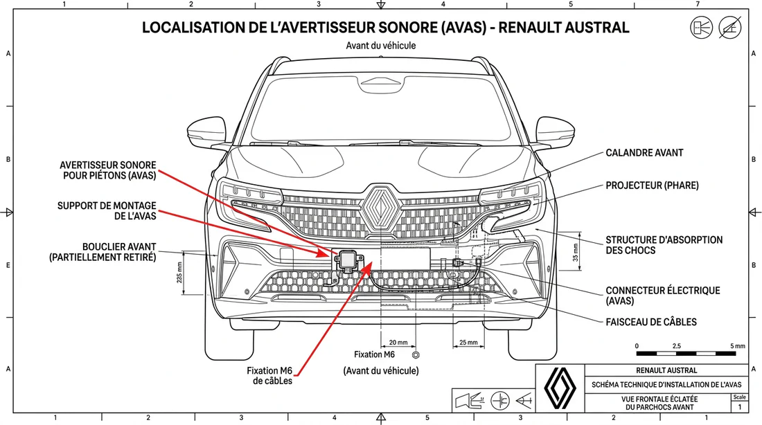 Schéma technique de l'emplacement du haut-parleur extérieur sur Renault Austral