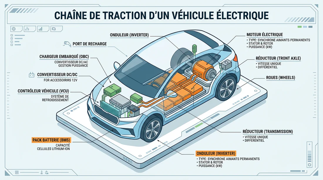 Schéma technique des composants d'une voiture électrique