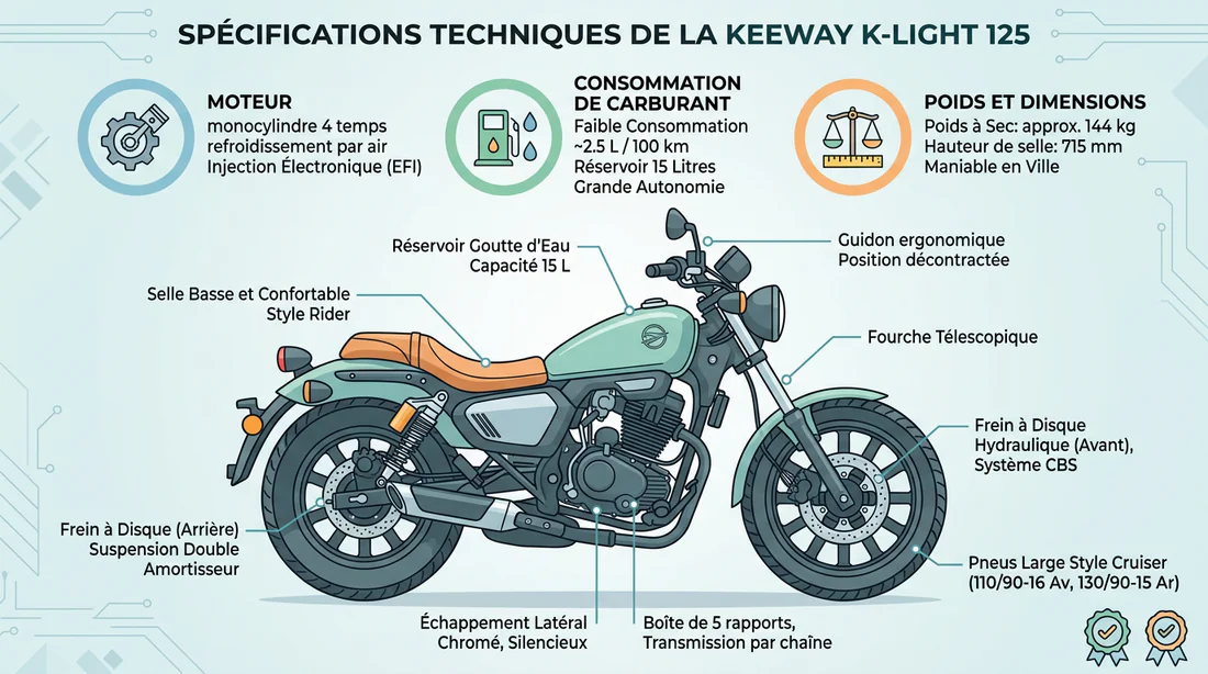 Infographie des caractéristiques techniques de la Keeway K-Light 125