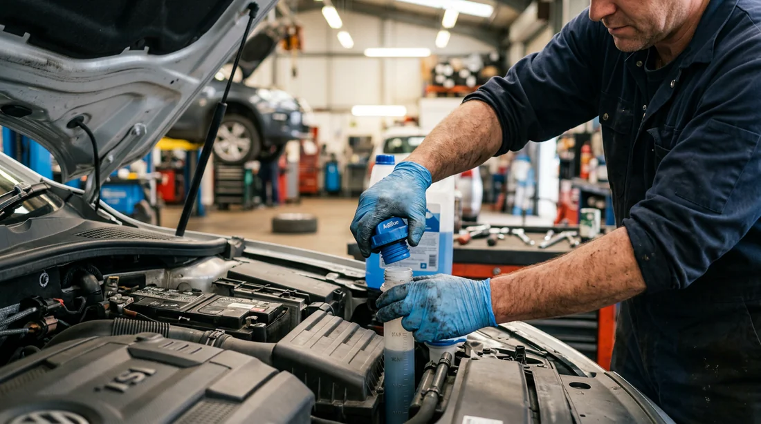 Mécanicien vérifiant le réservoir AdBlue d'une voiture