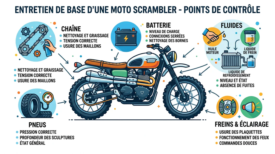 Infographie des points de contrôle entretien moto