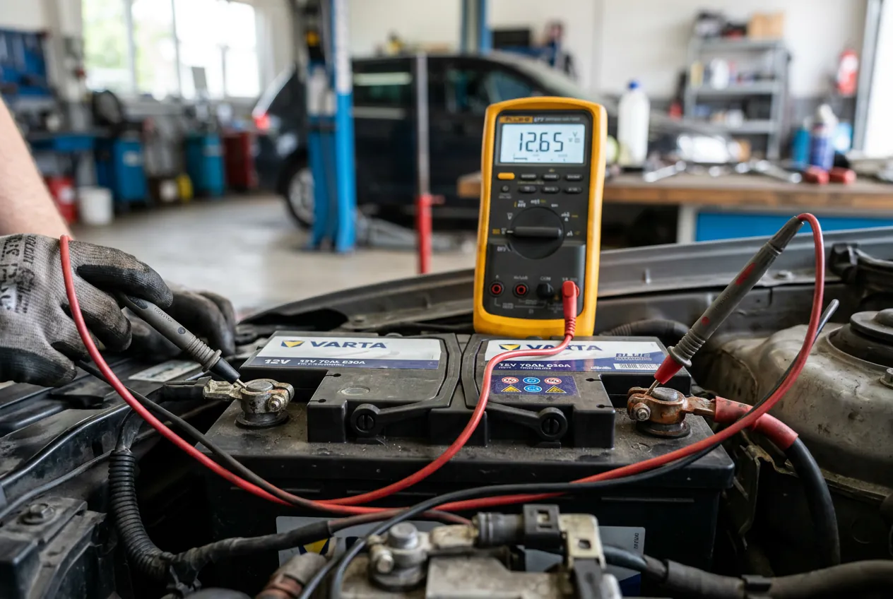 Test de la batterie d'un Scenic 2 avec un multimètre pour diagnostiquer la panne.