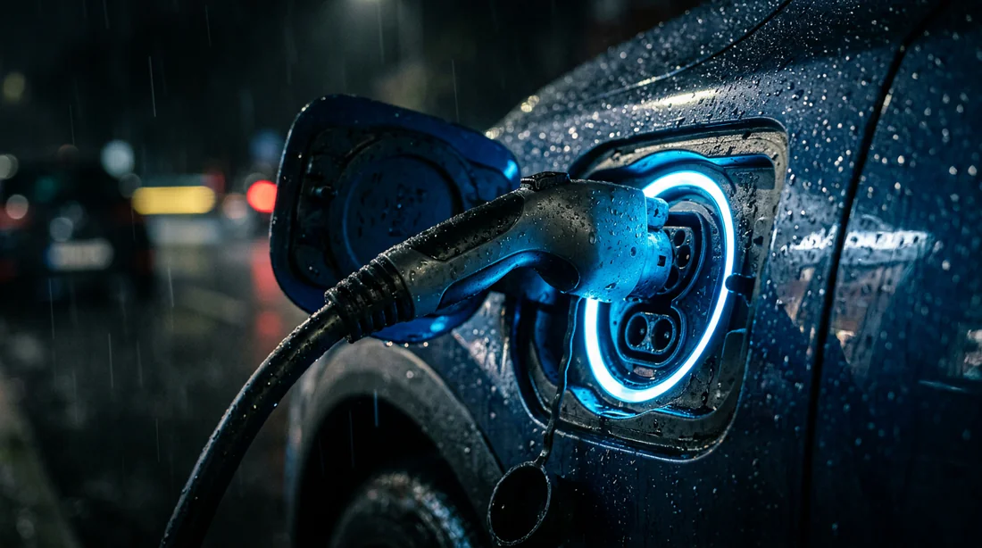 Détail de la prise de recharge d'une voiture électrique sous la pluie