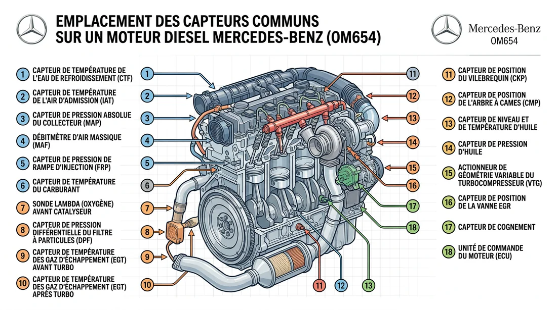 Schéma technique des composants moteur diesel Mercedes