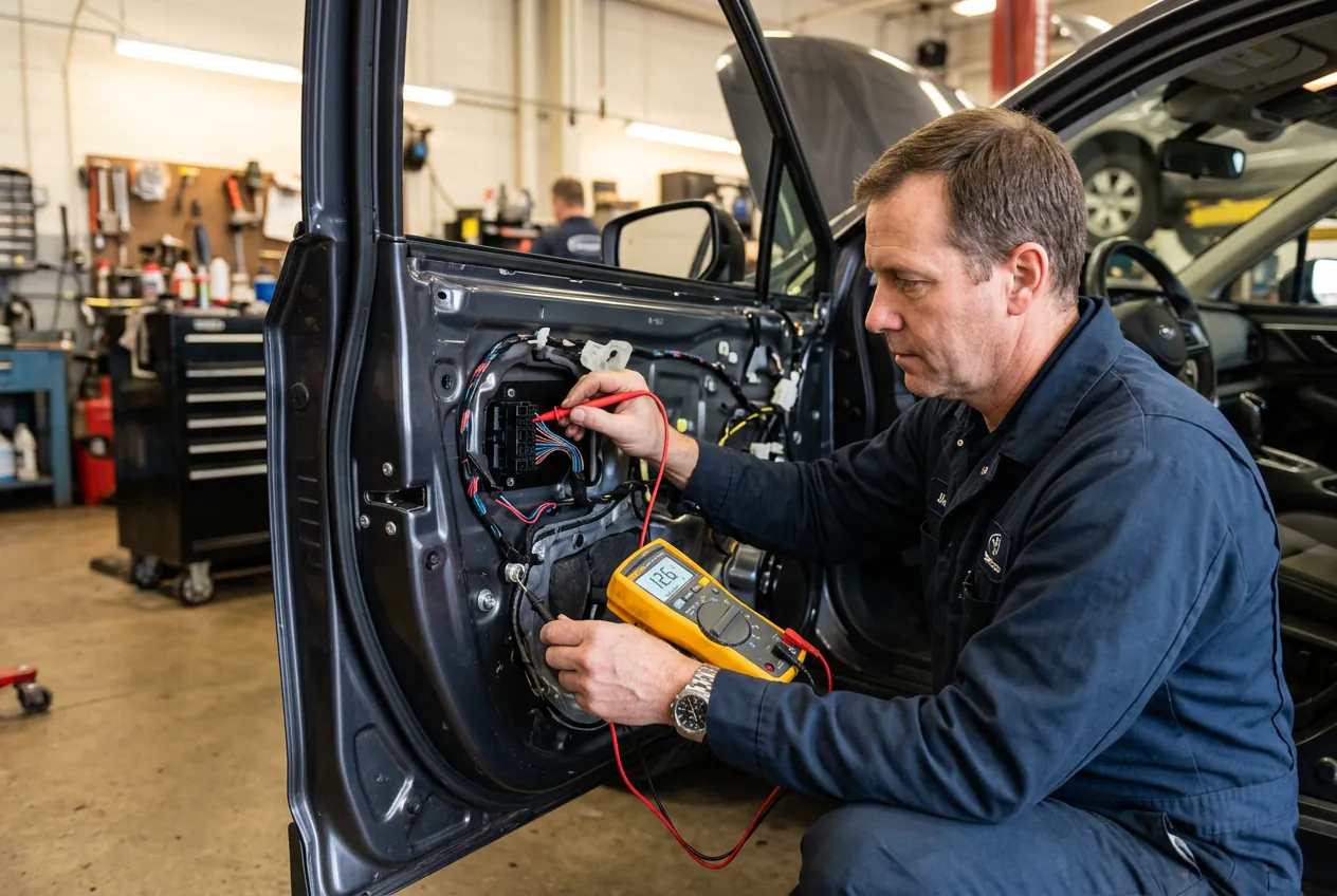 Utilisation d'un multimètre pour tester l'alimentation électrique du moteur de lève-vitre sur Laguna 2.
