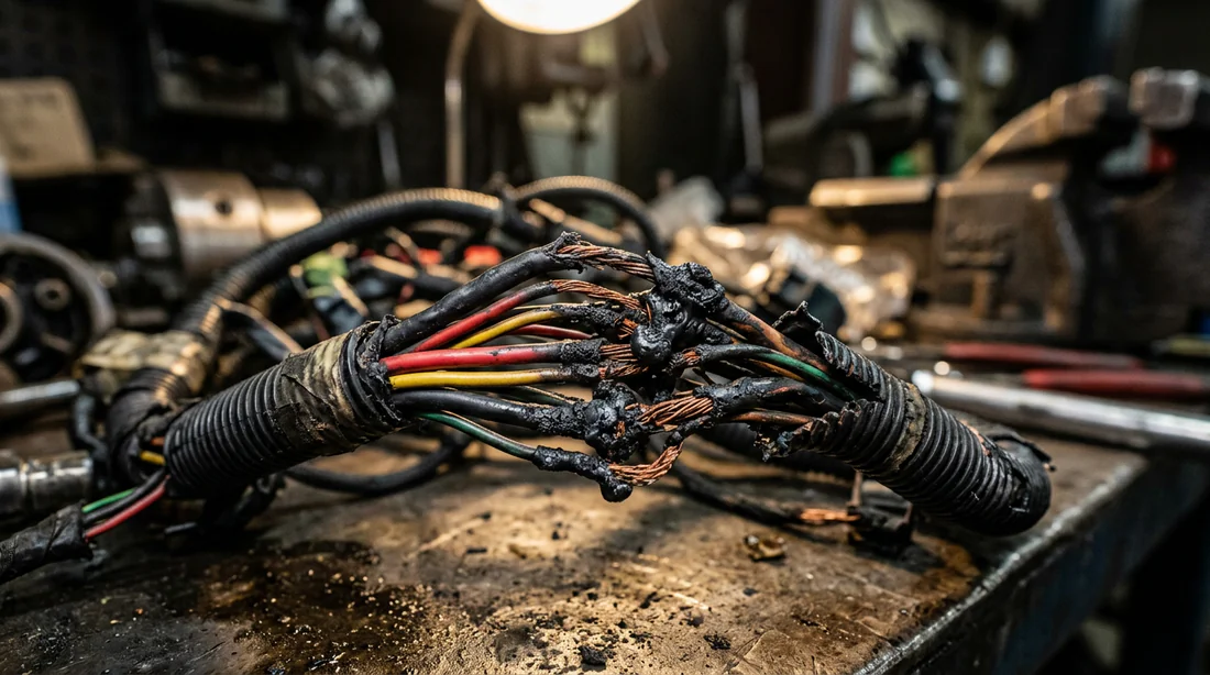Fils électriques fondus et endommagés sous un capot moteur