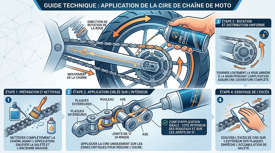 Schéma technique de graissage d'une chaîne de moto