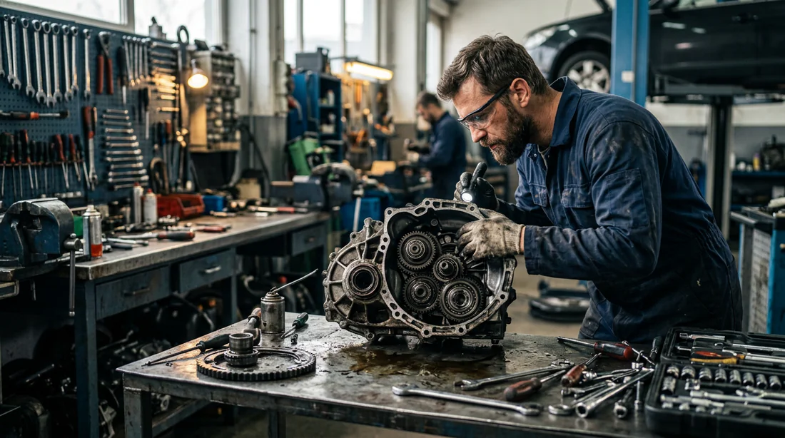 Mécanicien automobile inspectant une boîte de vitesses en atelier