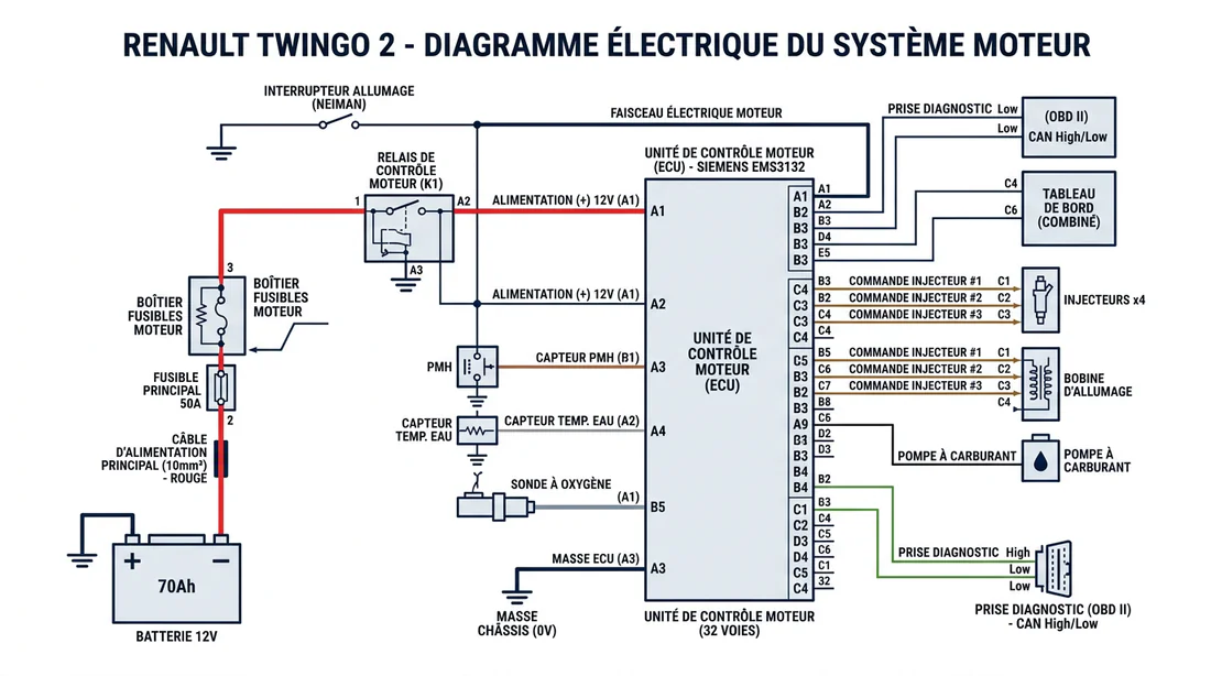Schéma technique du circuit électrique d'une Renault Twingo 2