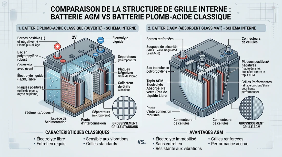 Schéma technique de la structure interne d'une batterie AGM