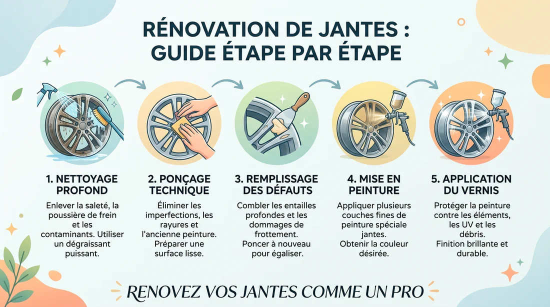Infographie illustrant les étapes de la rénovation de jantes automobile