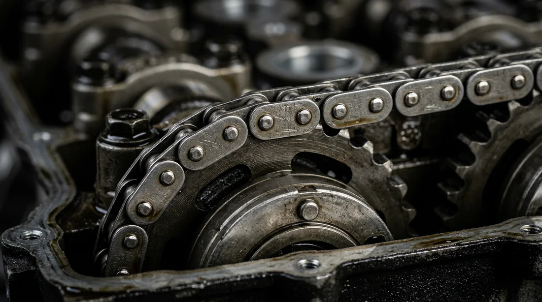 Détail technique d'une chaîne de distribution automobile