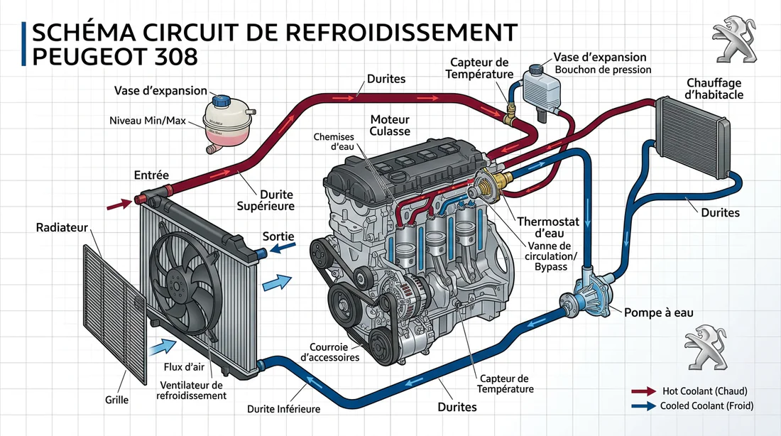 Schéma du système de refroidissement moteur Peugeot 308