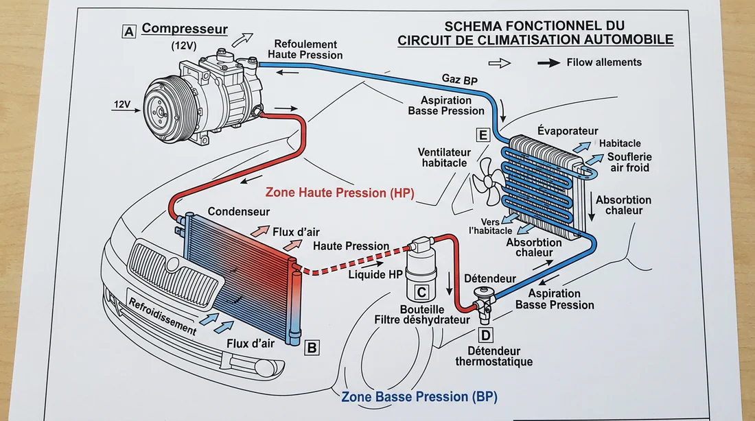 Schéma technique du fonctionnement d'une climatisation de voiture