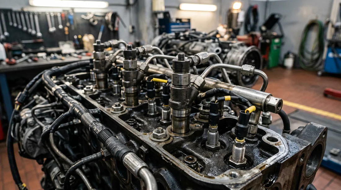 Vue rapprochée des composants du système d'allumage d'un moteur diesel.