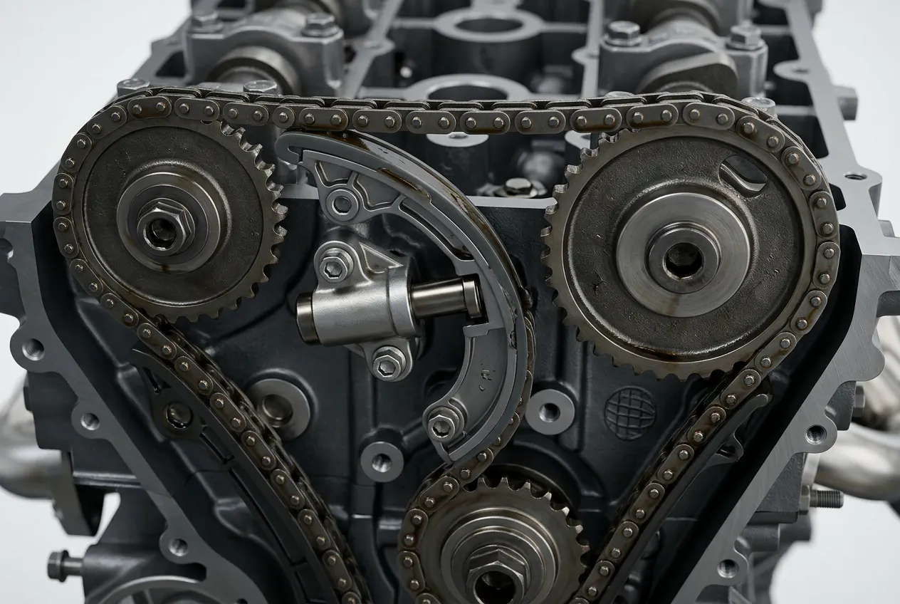Vue technique de la chaîne de distribution et du tendeur d'un moteur 1.6 dCi.