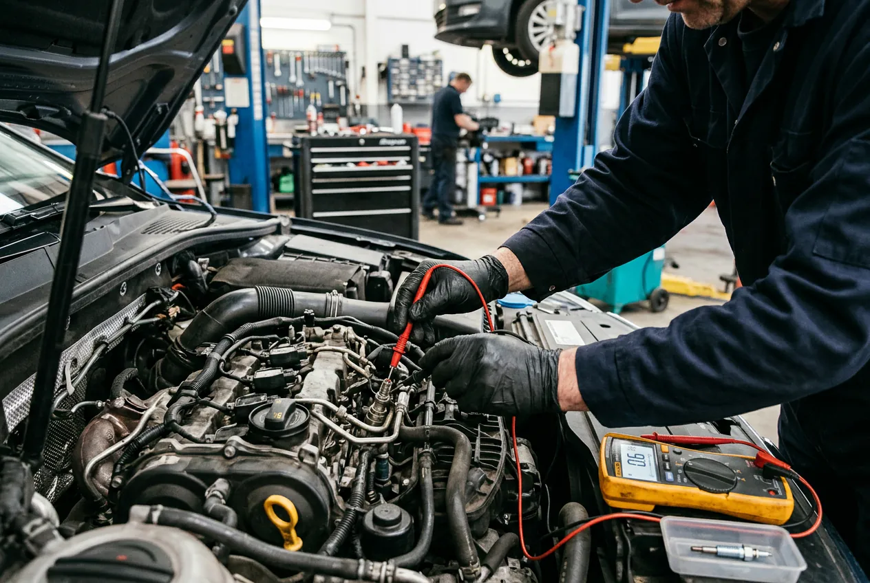 Test des bougies de préchauffage d'un moteur diesel avec un multimètre.