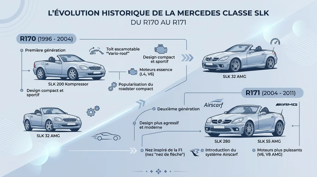 Infographie illustrant l'évolution des modèles Mercedes SLK