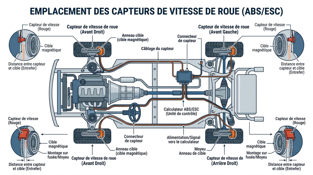 Schéma des capteurs de vitesse de roue sur Peugeot 5008