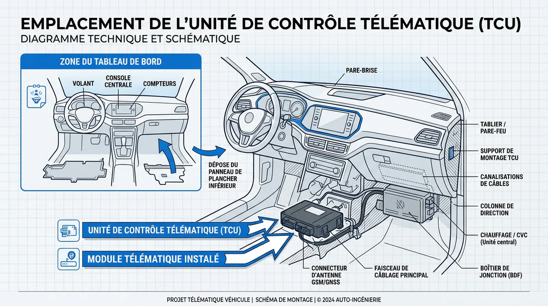 Schéma de localisation du boîtier télématique Renault Captur 2