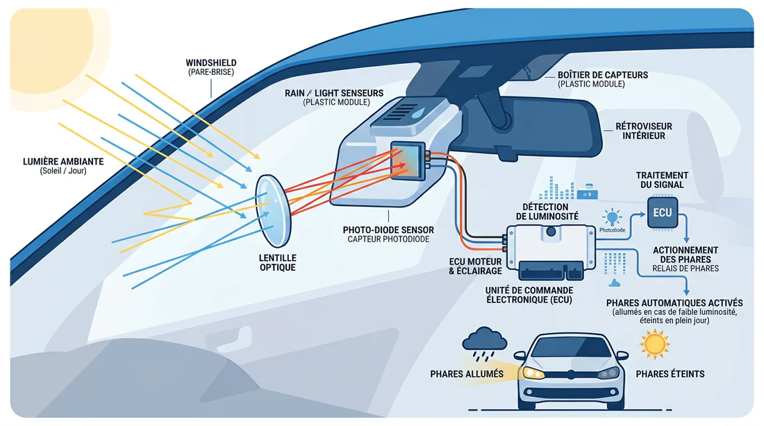 Schéma explicatif du fonctionnement d'un capteur de luminosité automobile